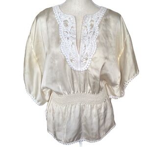Vivienne Tam Cream Satin Blouse Lace Trim Appliqué Embellished Smock Waist Sz L